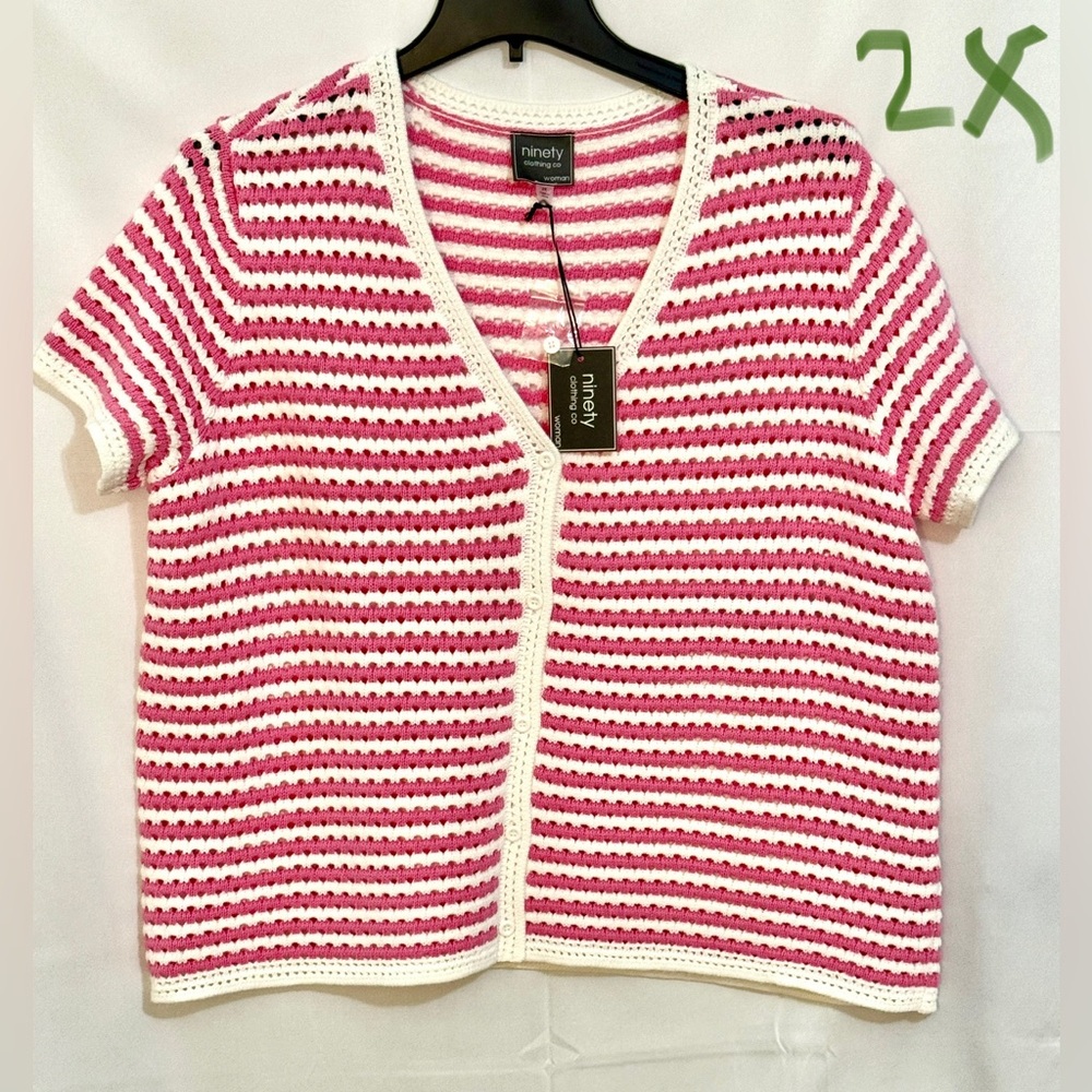 Ninety Pink and White Crochet Striped Blouse